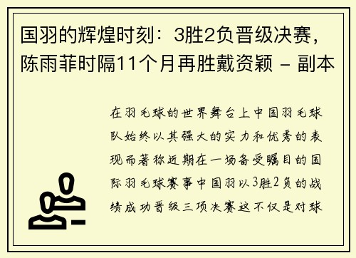 国羽的辉煌时刻：3胜2负晋级决赛，陈雨菲时隔11个月再胜戴资颖 - 副本